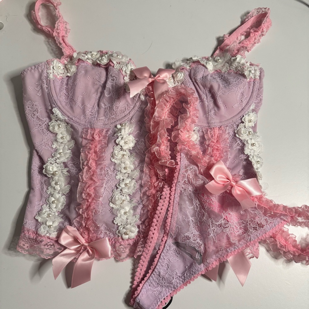 Sugar Thrillz Pink and Lavender Lace Bustier & Thong